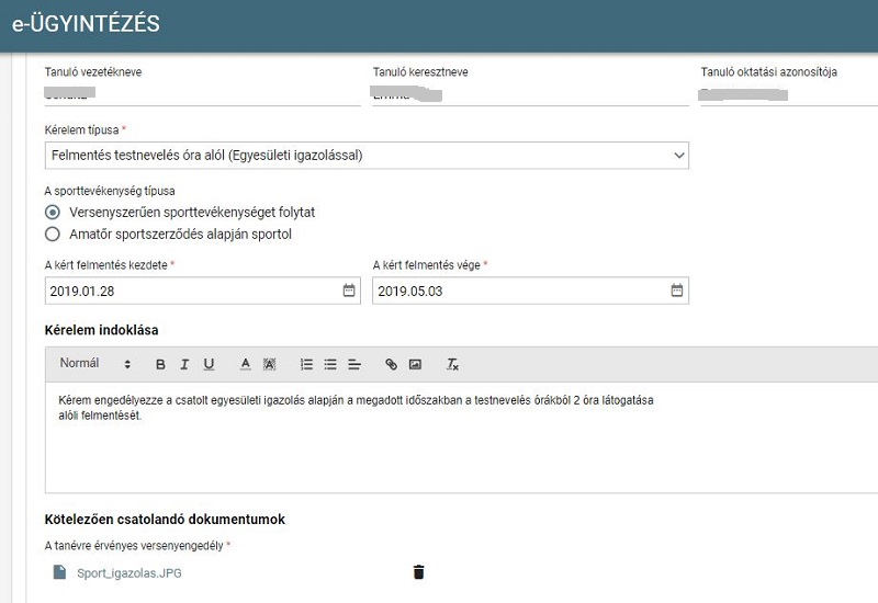 Testnevelés alóli részleges felmentés minta